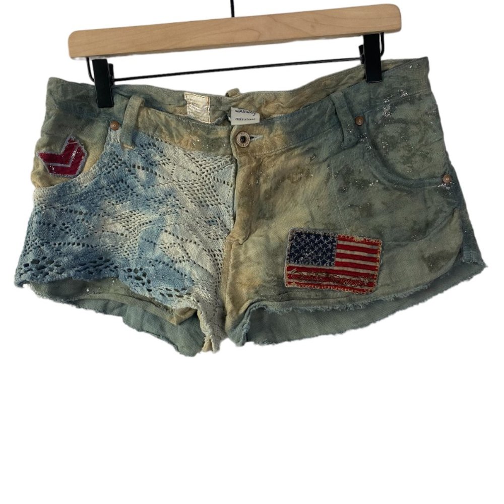 Sunday made in france linen dye distressed washed glitter crochet patch shorts